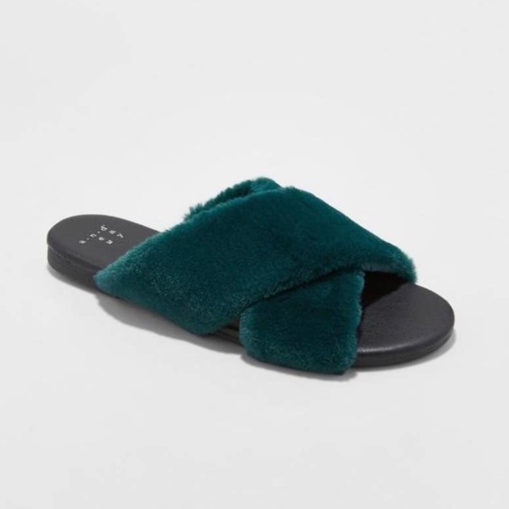 A New Day Faux Fur Cross band slides.